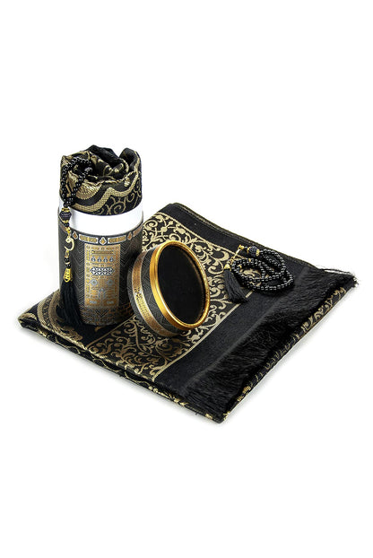 ihvan online Muslim Prayer Rug and Prayer Beads with Elegant Design Cylinder Gift Box, Janamaz, Soft Sajadah, Islamic Gifts Set, Portable Prayers Carpet Mat, Taffeta Fabric, Black