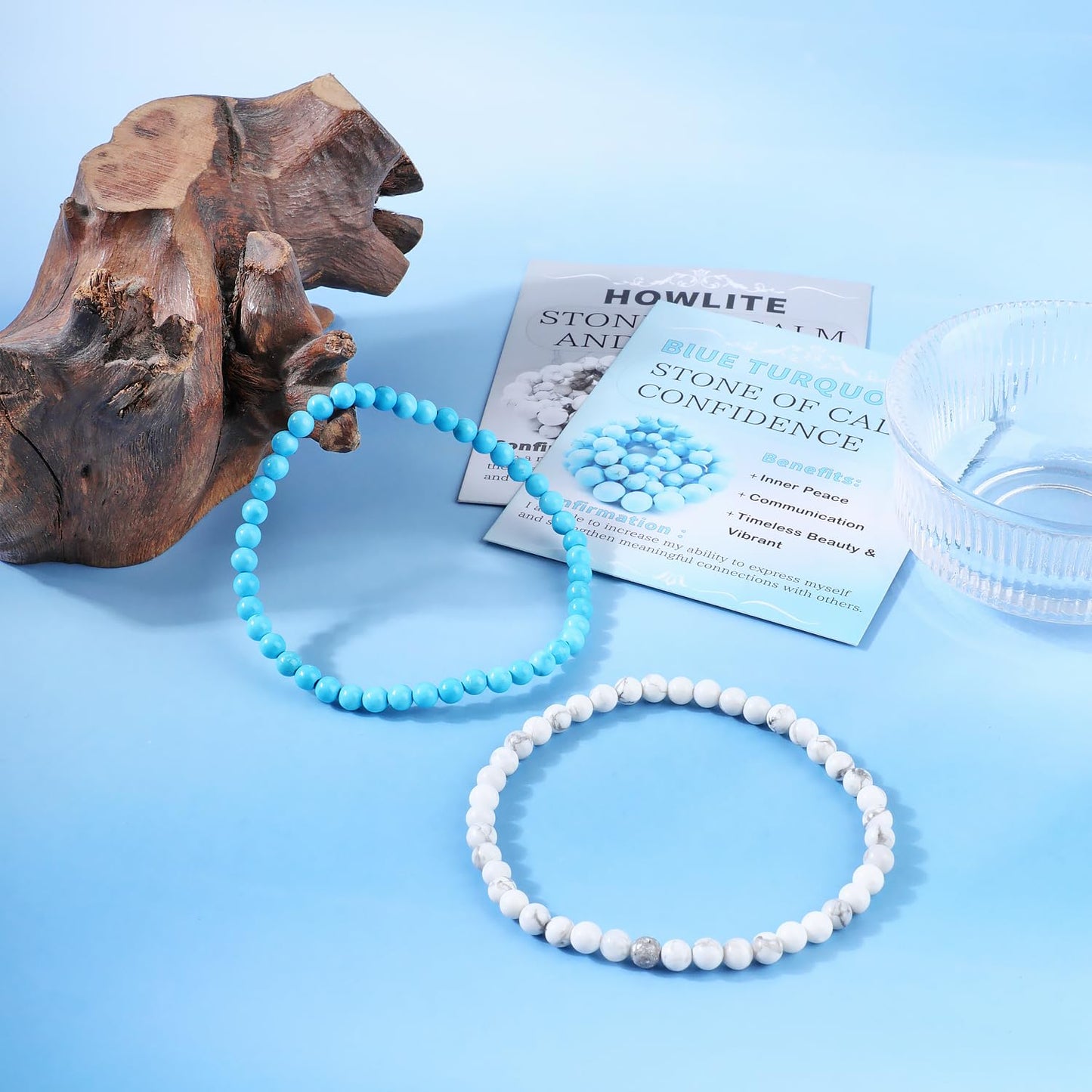 NCB 2-Piece 4mm Natural Crystal Gemstone Stretch Bracelets – ﻿Blue Turquoise, Howlite Handmade Reiki Energy Healing Jewelry for Meditation,Yoga, Unisex