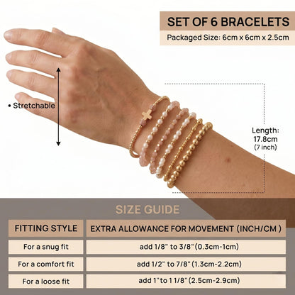 NoctisNest 6 Pcs Layered Cross Bracelet for Women, Pink Gold Stackable Pearl Beaded Bracelets for Her Mom Girlfriend, Dainty 14K Gold Plated Bracelet Set for Mothers Day Gifts