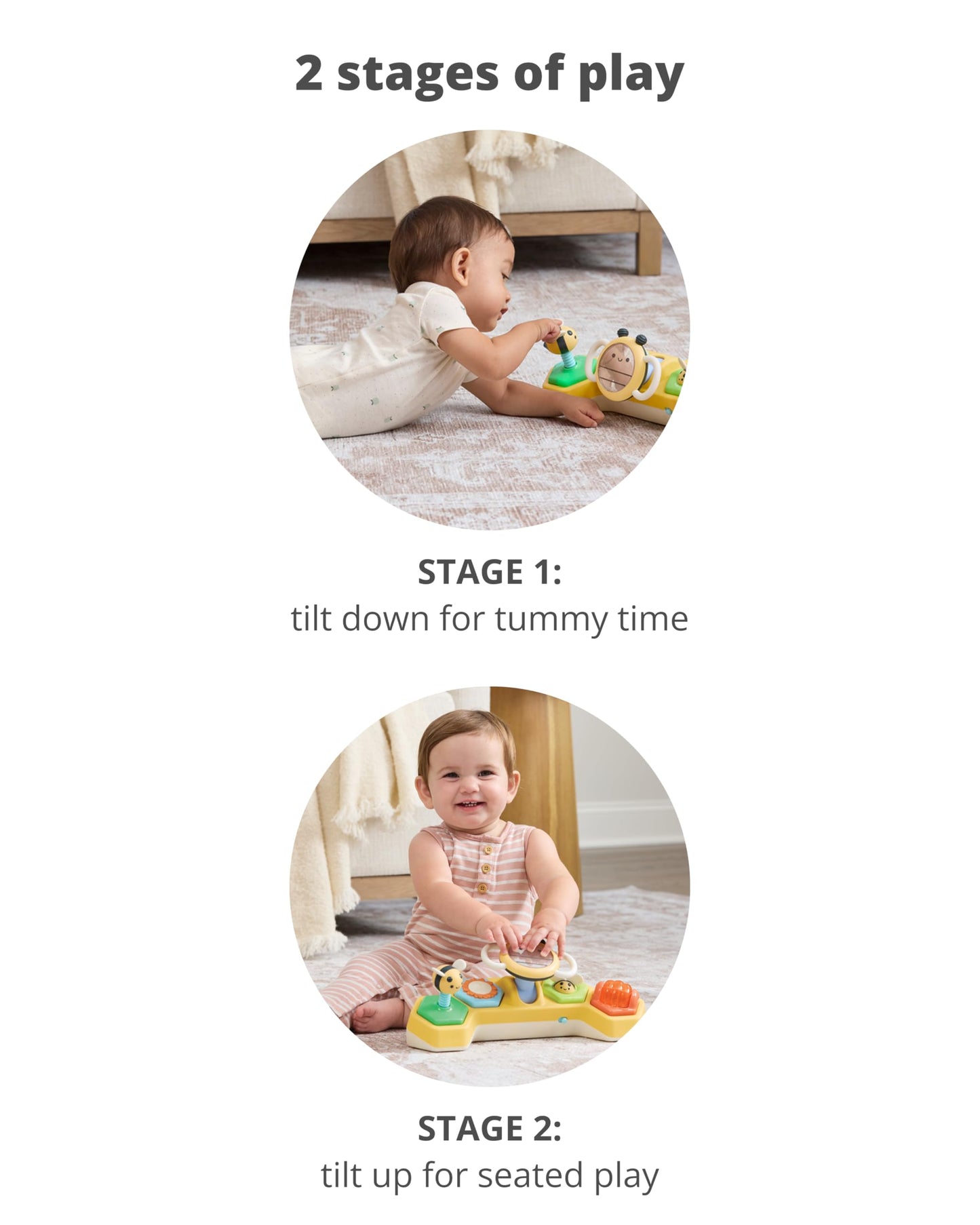 Skip Hop Tummy Time & Seated Play Cause & Effect Developmental Baby Toy with 5 Activities and 2 Ways to Play, Lights, Songs and Sounds, Farmstand See & Bee Steering Wheel, Age 3m+