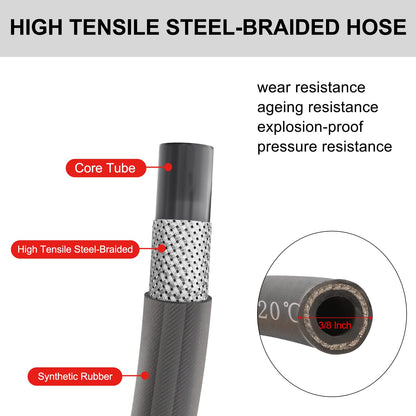 Heliwoo Pressure Washer Whip Hose 5FT, 3/8'' Reel Connector for Power Washer, 248°F Hot Water Jumper with 3/8'' Quick Connect Adapter Set, Steel-Braided-4800 PSI