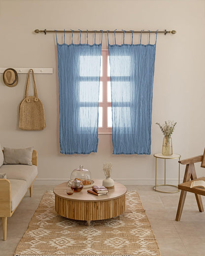 TARAN LIVING Sheer Crinkle Curtain Panel Set of 2, 100% Natural Washable Cotton Window Treatment Rod Pocket Curtain Panels for Kitchen, Bedroom and Living Room - Blue, Window - 42"x63"
