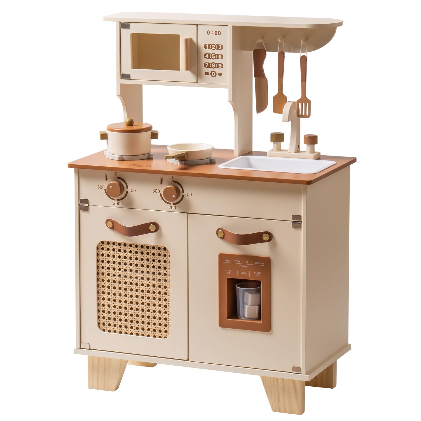 ROBUD Kids Kitchen Playset, Mocha Montessori Wooden Play Kitchen with Ice Dispenser, Pretend Toddlers Kitchen Toy with Accessories, Baby Gift for Ages 3 4 5 6 7 8