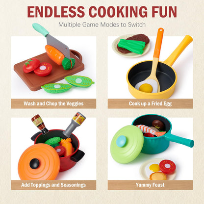Lonico Pretend Play Kitchen Accessories for Toddlers 3-5, Play Food Sets for Kids Kitchen Toys with 5 Pots and Pans & Cooking Utensils & Toy Food, Birthday Gift for 3 4 5 Year Old Girls Boys