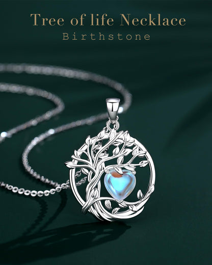 FANCIME Tree of life June Birthstone necklace for women Sterling Silver Tree Jewelry Moonstone Pendant Rainbow Gemstone Anniversary Birthday Christmas Gifts for Wife Mom Her