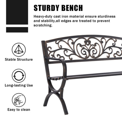 MFSTUDIO 50 Inches Outdoor Garden Bench, Cast Iron Metal Frame Patio Park Bench with Floral Pattern Backrest, Arch Legs for Porch, Lawn, Yard-Bronze