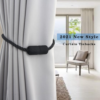 Porlau 2 Pack Black Strong Magnetic Curtain Tiebacks Outdoor Elegant Decorative Tie Backs Modern Rope Tiebacks for Drapes Window Curtain Holdbacks for Draperies