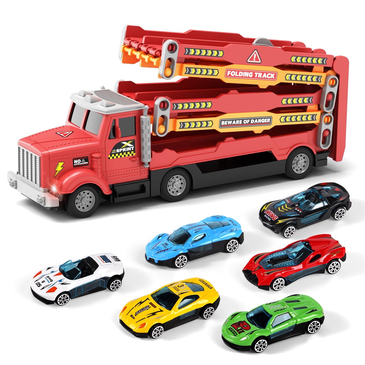 HONGTUO Toy Truck for Kids Truck Race Track with 6 Cars, 2-Player Racing Mode, Lights & Sounds, Ideal Christmas or Birthday Present for Toddlers Age 3 4 5 6+Years Old Boys Girls