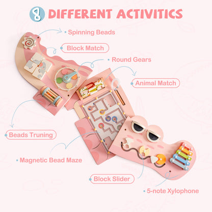 ROBOTIME Crocodile Busy Board Wall Panels for Toddlers, Pink Montessori Sensory Activity Board, Montessori Sensory Wall-Mounted Learning Center Toy for Kids Room, Educational Toys for Boys & Girls