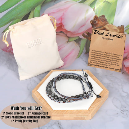 QOGIR Handmade Healing Bracelet,8mm Natural Black Larvikite Gem Stone Beads Bracelet,for Men Women Gifts with 2PCS Size Adjustable Rope Bracelets