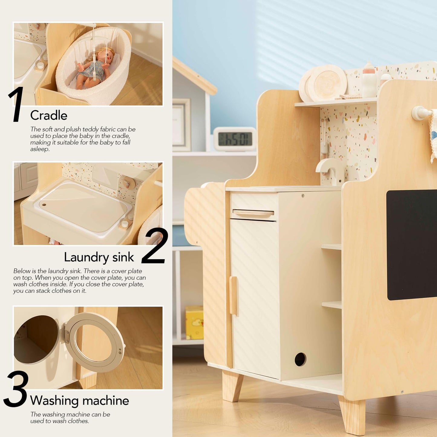 Wooden Baby Doll Crib, 4-in-1 Wooden Baby Care Playset with Cradle, Montessori Role Play Toy for Kids Ages 3-9，Kitchen Playset & Play Kitchen Toy Set, Gift for Boys & Girls