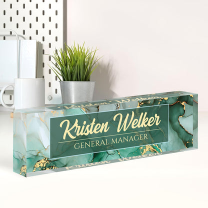 Name Plate for Desk, Desk Name Plate Personalized, Green Office Decor for Women Men, Acrylic Desktop Accessories, Office Gifts for Boss Nurse Teacher Coworker, Employee Appreciation Gift (Green Coast)