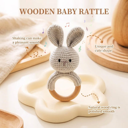 Organic Crochet Bunny Baby Rattle Toy - Handmade Newborn Gift Set with Teether & Pacifier Holder - BPA-Free Organic Cotton New Baby Gift - Infant Sensory Toy for Girls Boys 0-12 Months