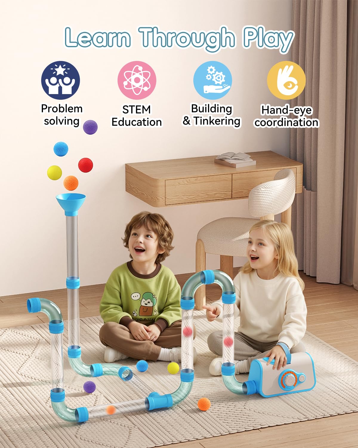 KNMDU Upgraded STEM Toys for Kids Ages 3+, DIY Airflow Building Toys with 20 Foam Balls, Up to 7 Hours Playtime, Learning Toys Gifts for Kids Boys Girls (Blue)
