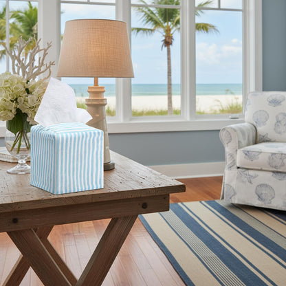 Potchen Coastal Tissue Box Cover Light Blue and White Stripe Tissue Box Cover Decorative Cotton Square Napkin Holder for Home Bedroom Living Room Bathroom Office Kitchen