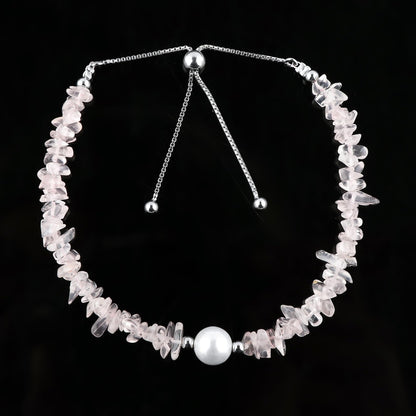 CRYSTALIS Natural Rose Quartz Beads Slider Bolo Bracelet with Elegant Pearl, High Grade Nuggets Crystal, Chakra Healing Gemstone, Gift Giving Women Jewelry, 925 Sterling Silver Slider 10 inch