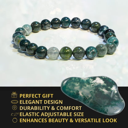 ANAYA AGATE Moss Agate Bracelet, Healing Crystal Bracelet for Women and Men, 8mm Round Beaded Bracelet for Spiritual Healing, Protection, Positive Energy, Elastic Adjustable Size Gemstone Bead Bracelet