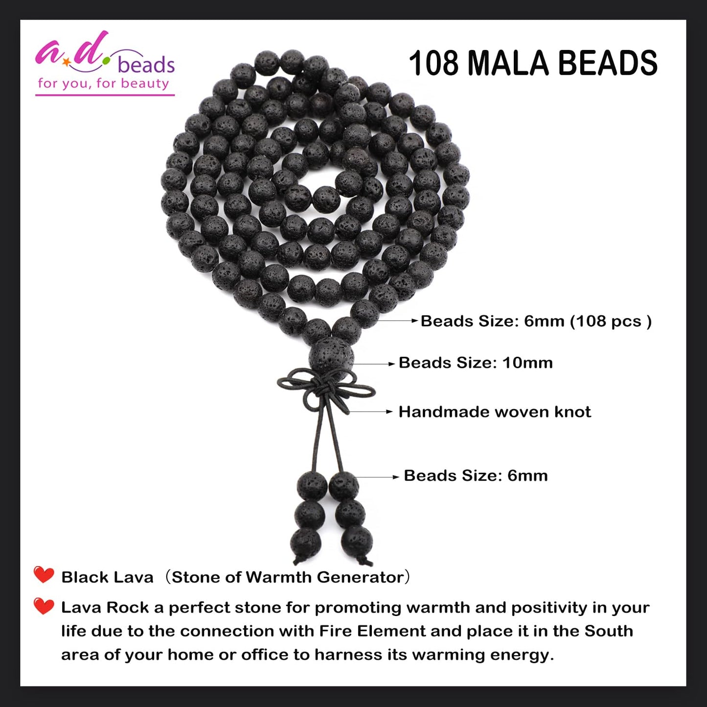 AD Beads 6mm 108 Prayer Mala Black Lava Elastic Bracelet - Warmth Generator - Handmade Yoga Meditation Healing Power Energy Gifts for Unisex Adult.
