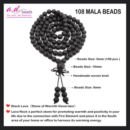 AD Beads 6mm 108 Prayer Mala Black Lava Elastic Bracelet - Warmth Generator - Handmade Yoga Meditation Healing Power Energy Gifts for Unisex Adult.