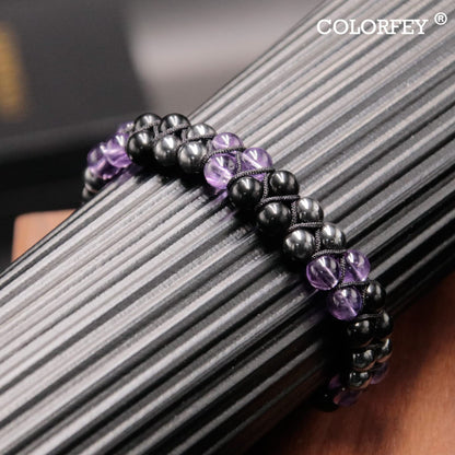 Triple Protection Bracelet for Women, Genuine Healing Crystal Bracelet Amethyst Black Obsidian Hematite 6mm, Pyramid Energy Crystal Beads Bracelets Stone Bracelets for Mom Wife for Protection Balance