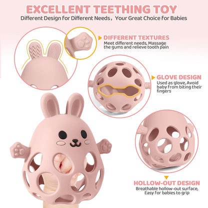Orzbow Bunny Teether for Baby, Easter Teether with 2 in 1 Rattle & Teething, Easy Grasp Teething Mittens for Babies 3-12 Months, Food Grade Silicone, Newborn Infant Easter Basket Stuffers Gifts, Pink