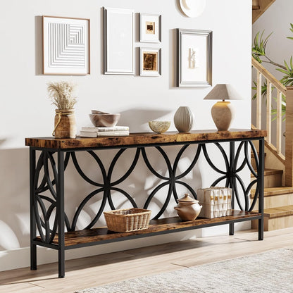 LITTLE TREE Sofa Table, 70.9 Inch Industrial Behind Couch Table with Storage Shelves, Narrow Long Console Table for Entryway, Living Room, Foyer, Hallway, Office