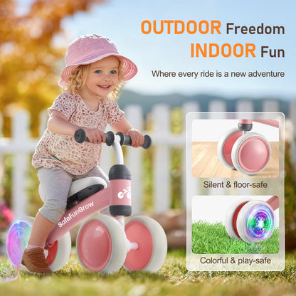 Colorful Lighting Baby Balance Bike Toys for 1 Year Old Girl Gifts, Balance Bike 1 Year Old No Pedal, 12-24 Months Toddler Ride on Toys with 4 Silent Wheels & Soft Seat, 1st Birthday Gifts, Pink