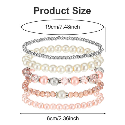 DIVINA VITAE 5 Pcs Beaded Stretch Bracelets Pink Stackable Bracelets Boho Beaded Bracelet Stretch Layering Crystal Stone Bead Bracelet Trendy Costume Jewelry Gifts for Women