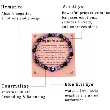 DLYFNVEV Empath Protection Bracelet Amethyst Black Tourmaline Hematite Triple Healing Anxiety Relief Crystal For Women Evil Eye Beaded Natural Stone Jewelry Gifts