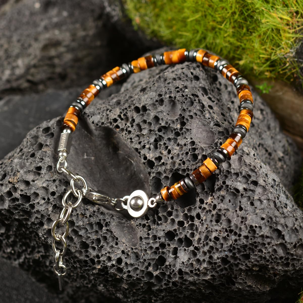Casvia Tiger's Glow Men's Tiger Eye Chakra Bracelet, Handcrafted Hematite, Thickened Steel Wire, Adjustable Dual Clasp 6.9-8.8 Inch Gift for Men Dad Boyfriend