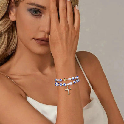 Dainty Cross Charm Beads Bracelet for Women Blue And White Vintage Ceramics Flower Bracelet Handmade Stretch Cute Beaded Romantic stackable Jewelry Gifts