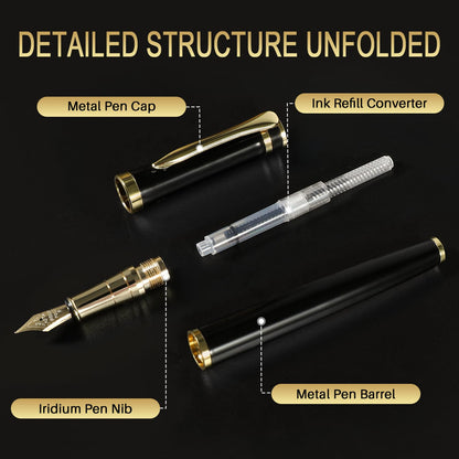 FINTANIX Fountain Pen with Fine Nib | Luxury Black Finish, Smooth Ink Flow, Complete Set with Ink Cartridges, Converter & Sleeve | Ideal for Professionals, Office, Journaling, and Gifts