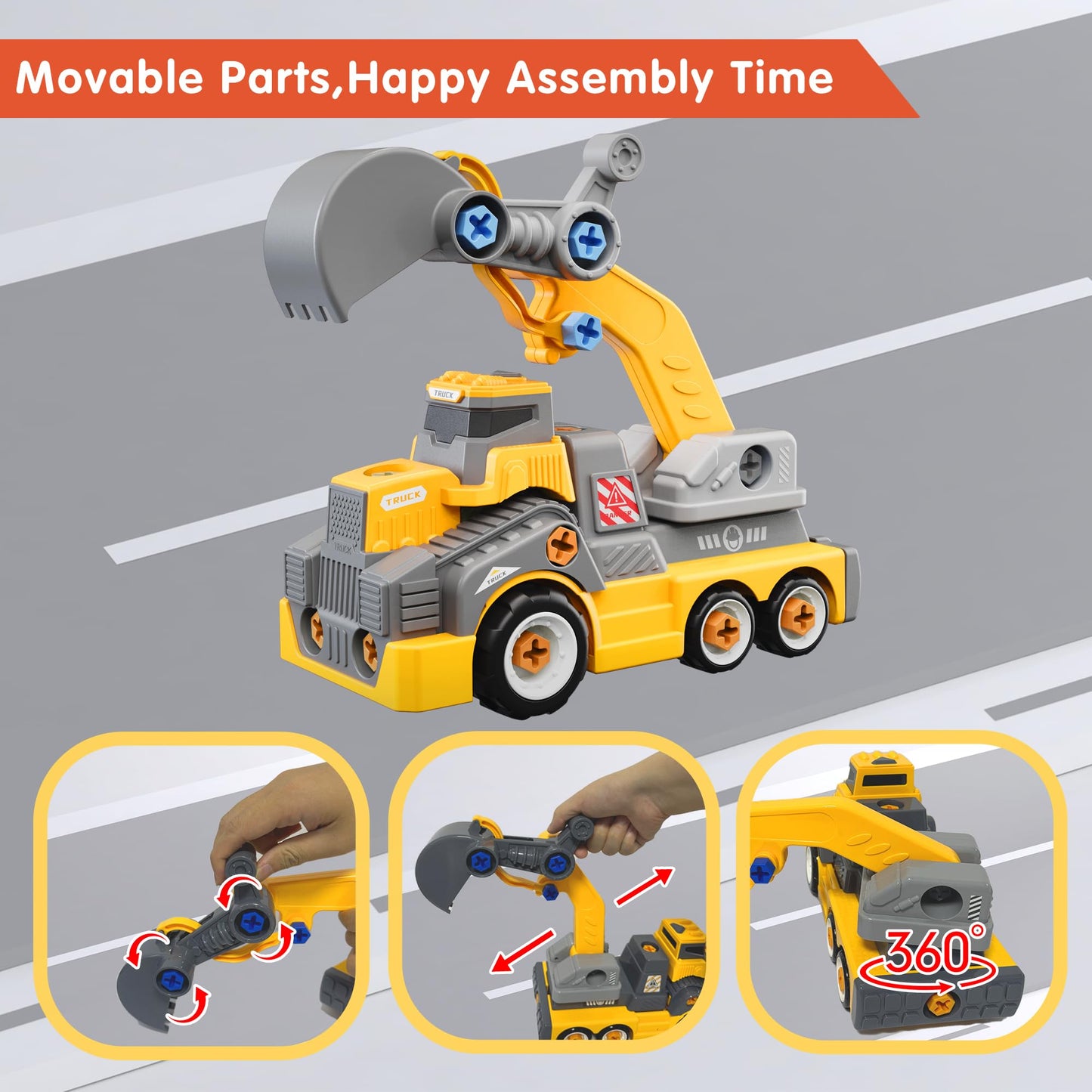 EKU EASYKU 11inches Large Take Apart Construction Toys Excavator Truck for Boys Girls Kids 3-5 6-8 Electric Drill Set Assembly Building Toys