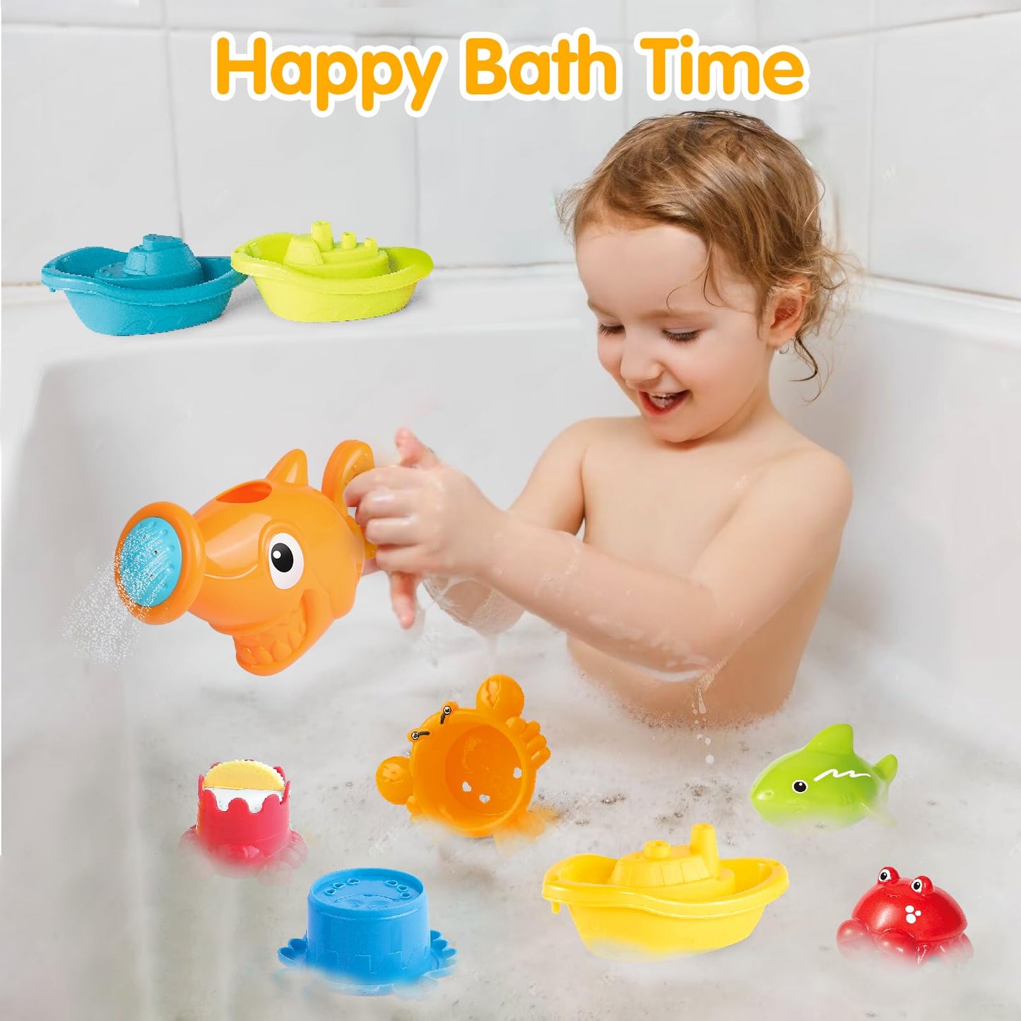Water Table Toys for Toddlers 1-3, 16PCS Bath Toys for Babies 6-12 Months wtih Floating Boats, Stacking Cups, Shark Water Can & Marine Animal Silicone Toys, Pool Beach Idea Gift for Boys Girls