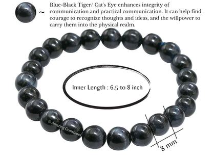 Amazing Gemstone Crystal Bracelet for Women Men's Gifts - Protection Healing Crystal Bracelet - 8mm Gemstone Beaded Stretchable Bracelet Pulseras Para Hombres Mujer Stocking Stuffers Mothers Day Gift (Tiger Eye (Blue & Black))