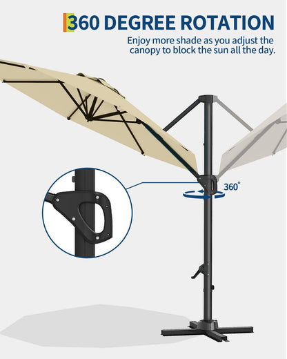 GarveeLife 10FT Patio Umbrella Outdoor Large Cantilever Umbrella Market Sun Shade Windproof Offset Umbrella with 360-Degree Rotation for Garden Deck Pool Patio, Beige
