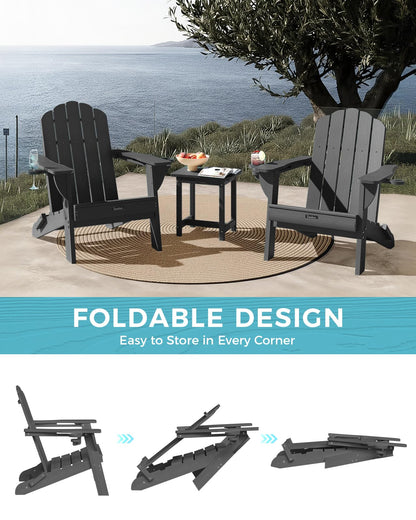 Eesdom Folding Adirondack Chair, HDPE Adirondack Chair with 2 Cup-Holders, Outdoor Chairs for Poolside, Garden, Patio, Grey