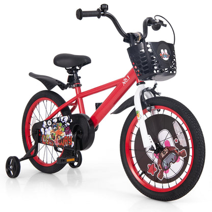 BABY JOY Kids Bike, 18 Inches Child Bike for 4-8 Years Old with Adjustable Height, Training Wheels, Storage Basket, Handbrake & Coaster Brake, Kids Bicycle for Girls Boys (Rabbit Pilot, Red)