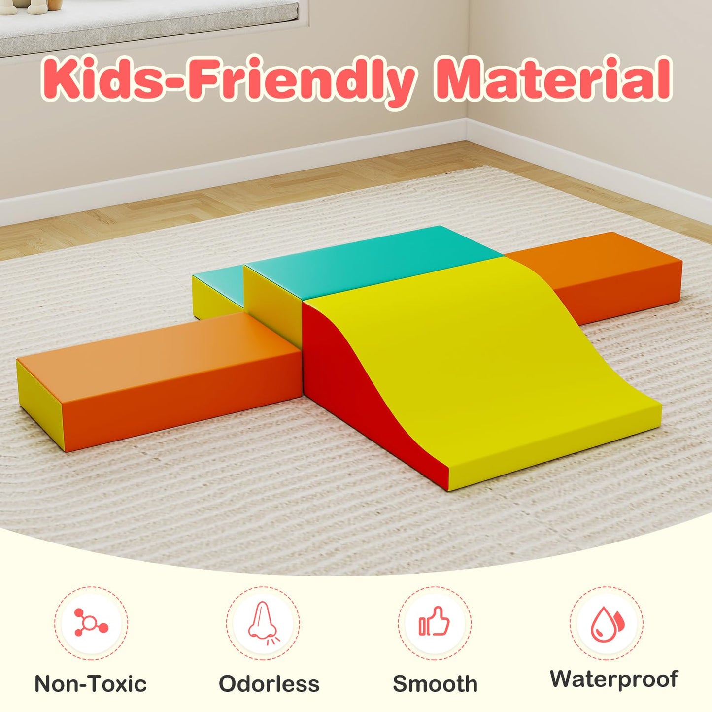 Olakids Toddler Climbing Toys Indoor, 10 Pieces Baby Foam Blocks Soft Play Set with PU Leather, Kids Climb Crawling Activity Gym Playground for 1+ Years (Red)