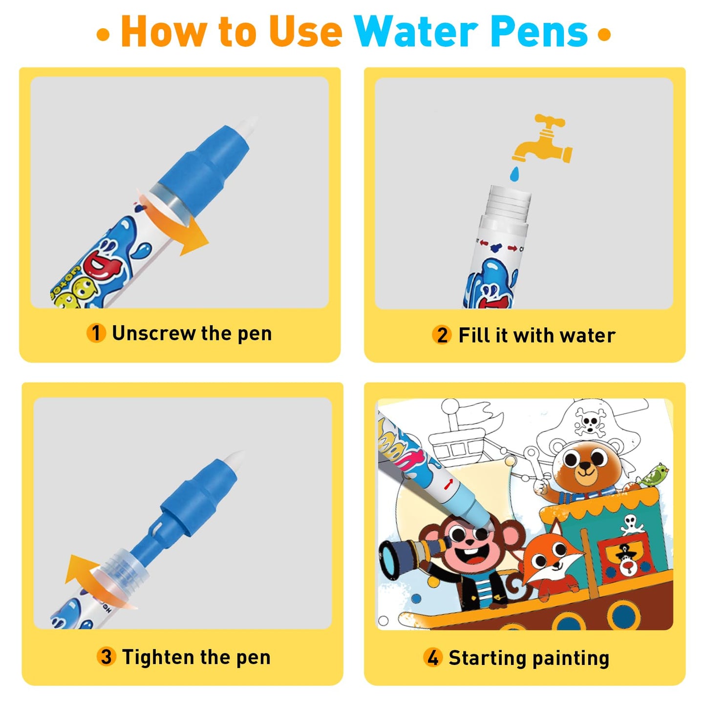 BATHKITS Reusable Water Painting Book for Kids - 3 Pack Magic Water Coloring Books with Water Pens, Fairy Tale, Animal & Space Themes | No Mess Paint, Travel Activity Toy, Gift Box, 30 Pages, Ages 3+