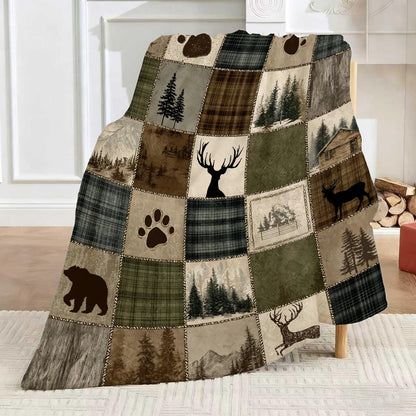 DEMCEAR Rustic Cabin Throw Blanket Wildlife Hunting Bear and Deer Brown Green Plaid Patchwork Lodge Blankets Soft Cozy Flannel Fleece for Living Room Bedroom Couch Sofa Bed Camping, 50x60 Inch