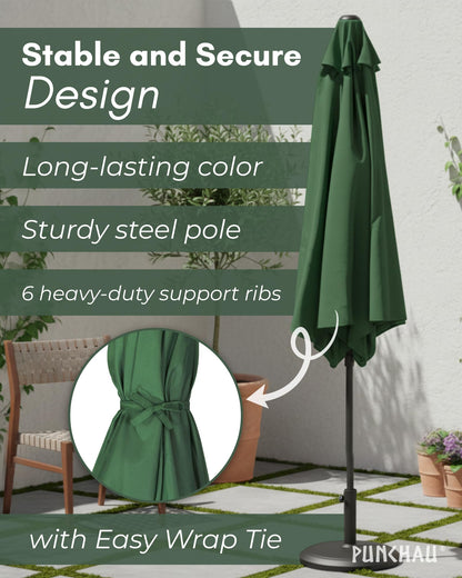 Punchau 6 Ft Outdoor Patio Umbrella, Easy Open/Close Crank and Push Button Tilt Adjustment - Hunter Green Market Umbrellas