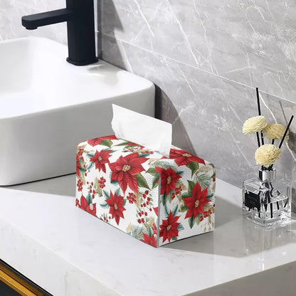 Viewamoon Christmas Floral Tissue Box Cover Rectangle Leather Soft Fabric Paper Holder Box Easy to Install 9x5x5 Cube Cover for Bathroom Deocration