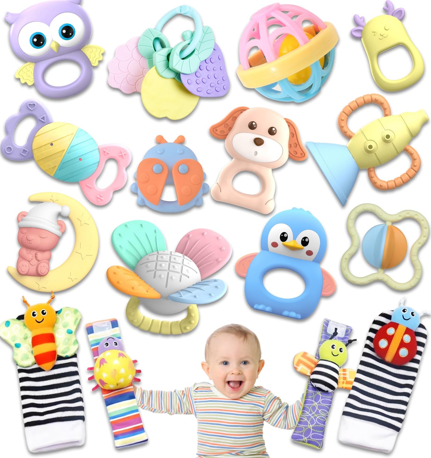AZEN 16 Pack Baby Rattles Teething Toys 3-6 Months, Baby Toys 0-6 Months, Newborn Infant Toys 6-12 Months, Essentials Must Haves Wrist Socks Toddler Stocking Stuffers Christmas Gifts (Pink)