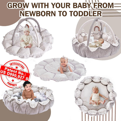 Little Dove 5-in-1 Convertible Baby Play Gym with 6 Toys, Tummy Time Mat for Sensory Development, Baby Activity Center from Newborn to Toddler, Ball Pit, Soft Plush Pet Mat, No Ball Included Grey