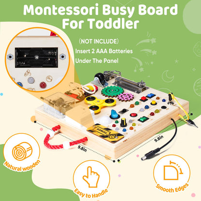 Montessori Wooden Busy Board Toys for 1 2 3 Boys Girls,Toddler Sensory Educational Fidget Board Travel Toy with LED Light Up Switches & Music Boxes, Locks for Kids Gifts