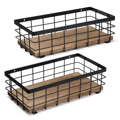 TJ.MOREE Small Metal Wire Basket, Decorative Wood Base Organizer for Bathroom, Kitchen, Basket for Toilet Paper Storage, Sugar Packet, Coffee Syrup, Guest Towel, Napkin(2 Packs)