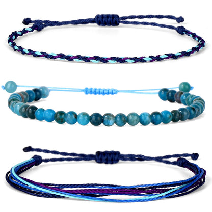 QOGIR Handmade Healing Bracelets,4mm Natural Blue Apatite Gem Stone Beads Bracelet for Men Women Gifts with 2PCS Size Adjustable Rope Bracelets