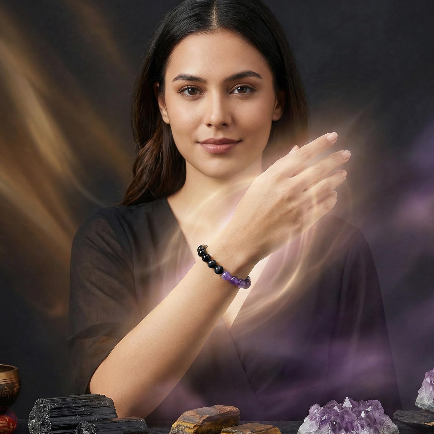 Bivei No Negativity Bracelet, Strength Crystal Healing Bracelet 8MM with Black Tourmaline & Amethyst & Tiger Eye - Spiritual Stretch Beaded Jewelry for Women Men Gift