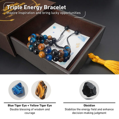 Triple Protection Energy Bracelet, Healing Crystals for Negative Energy Protection, Unisex Amulet with Obsidian, Tiger Eye, and Onyx Stones, Spiritual Jewelry for Men and Women, Healing, Manifestation, and Wellness (8mm two-color tiger eye energy chain)